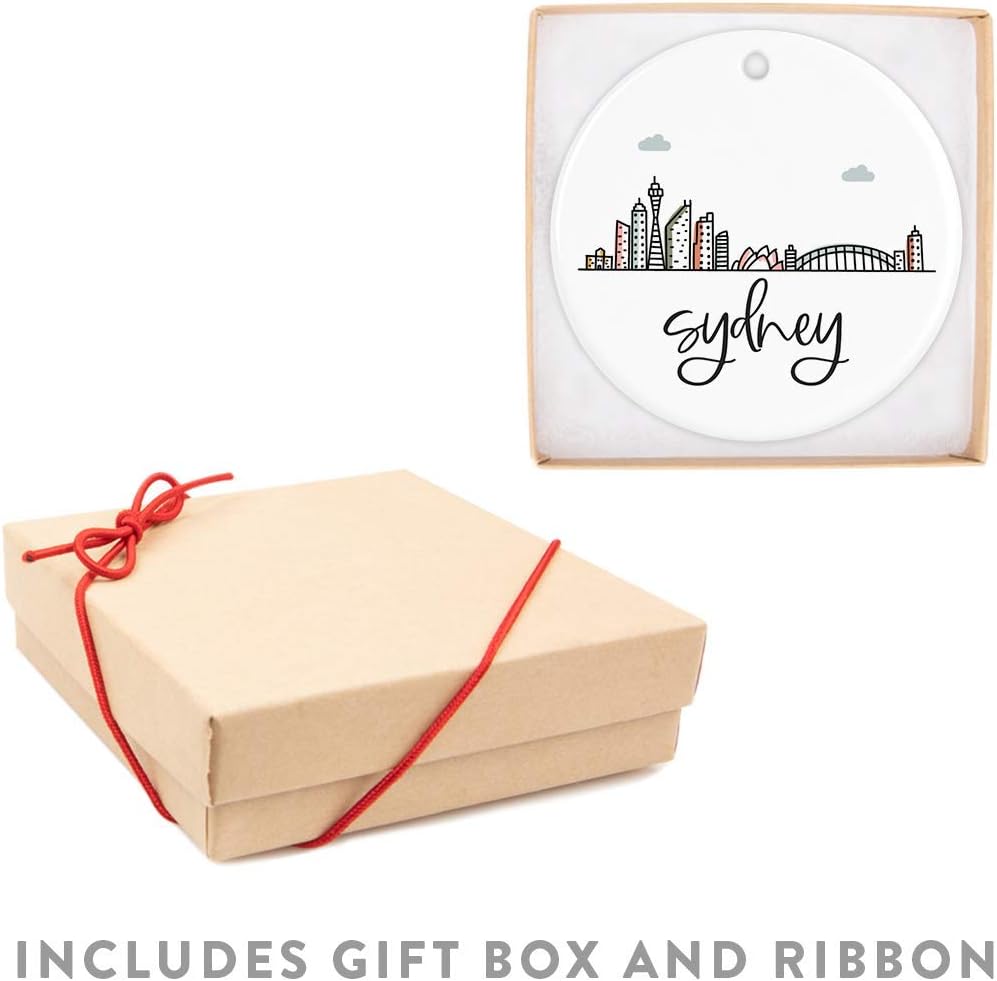 Andaz Press Round Ceramic Porcelain Christmas Tree Ornament Keepsake Gift, Sydney, Colorful International City Skyline Graphic, 1-Pack, Birthday Ideas Family Coworker Him Her, Gift Box