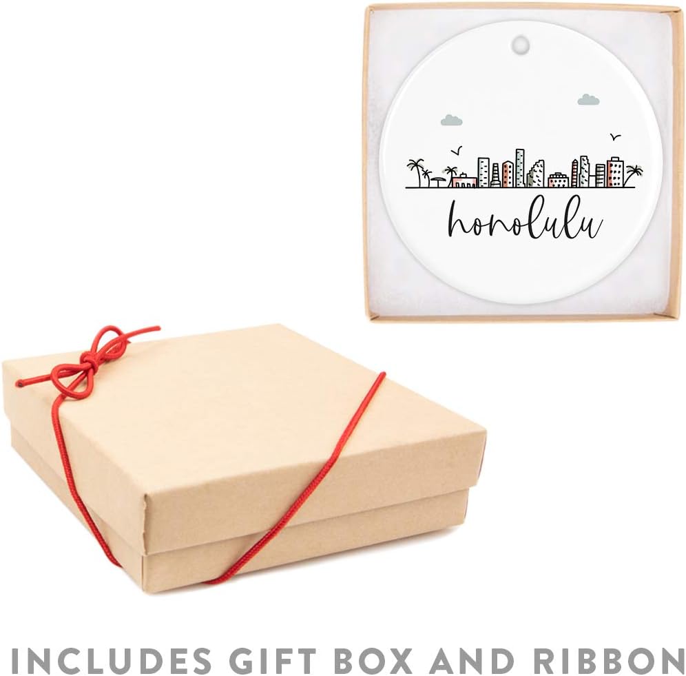 Andaz Press Round Ceramic Porcelain Christmas Tree Ornament Keepsake, Honolulu City Skyline Graphic, 1-Pack, Birthday Gift Idea for Family, Coworker, Him, Her, Includes Gift Box