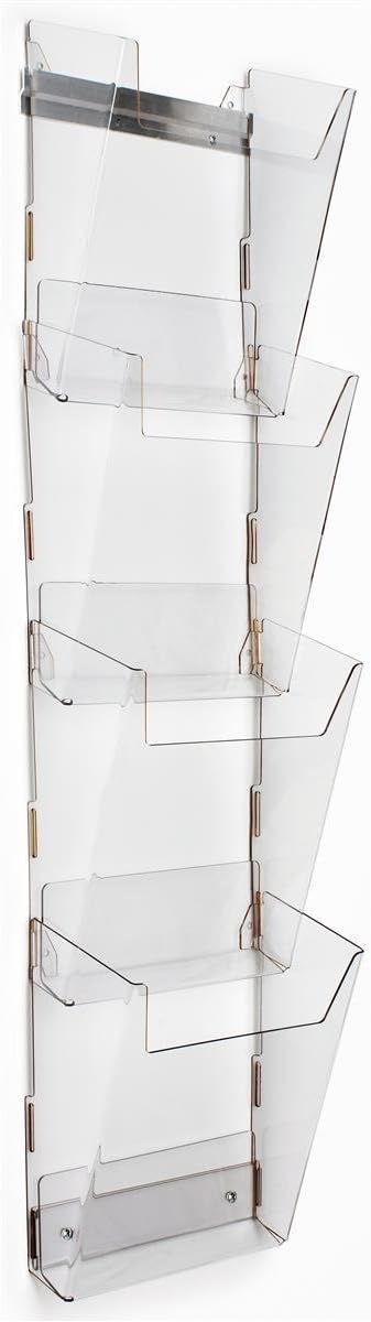 Magazine Wall Rack with 4 Pockets, Tiered, Frameless, Notched Front Panels, Durable Construction, High-Impact Acrylic, Clear