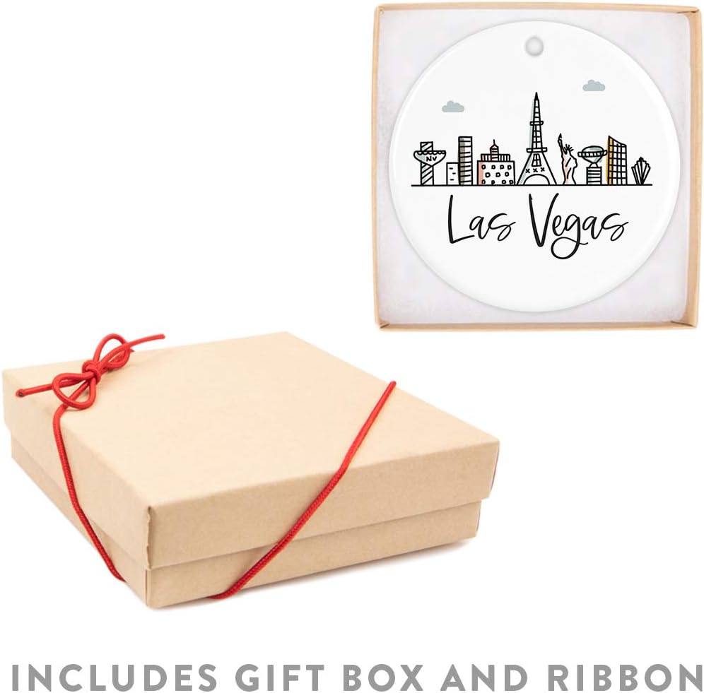 Andaz Press Round Ceramic Porcelain Christmas Tree Ornament Keepsake Gift, Las Vegas, Colorful City Skyline Graphic, 1-Pack, Birthday Gift Ideas Family Coworker Him Her, Includes Box