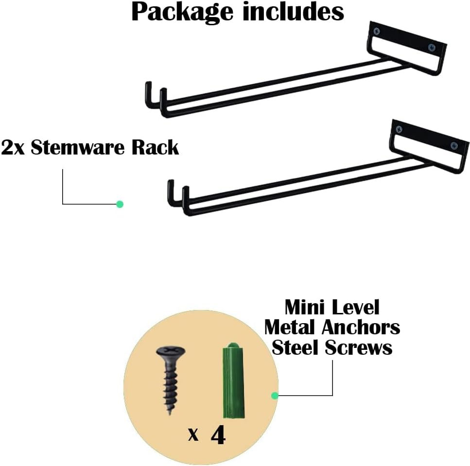 2 Packs 12 Inch Wine Glass Rack Wall Mounted Wine Glass Holder Under Cabinet, Hanging Stemware Racks, Wall Wine Cup Holder Hangers Under Shelf, Wire Wine Glass Racks for Bar, Kitchen