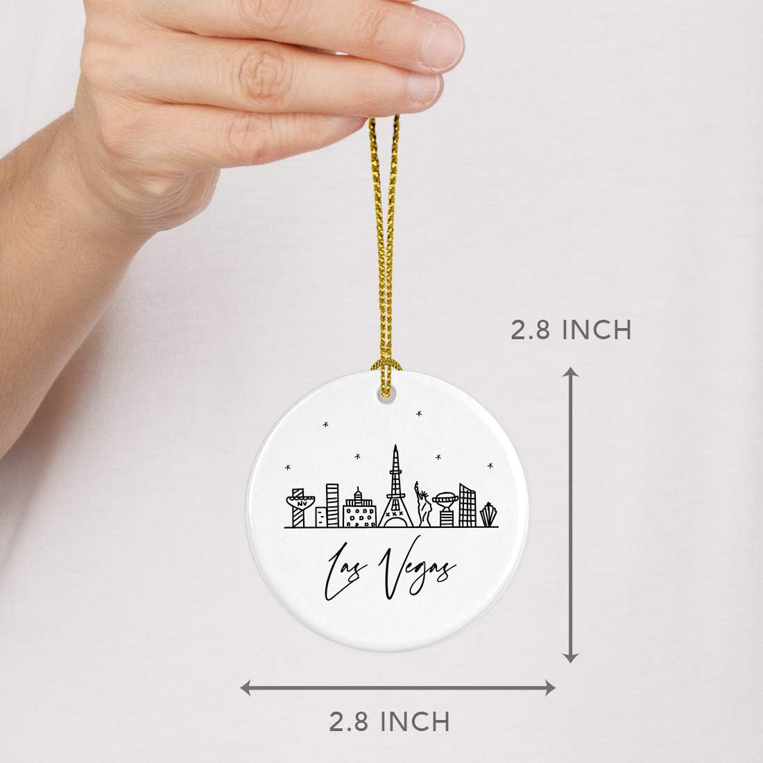 Andaz Press Round Ceramic Porcelain Christmas Tree Ornament Keepsake, Las Vegas Black and White Stars City Skyline Graphic, 1-Pack, Birthday Gift Idea for Family, Coworker, Him, Her, Includes Gift Box