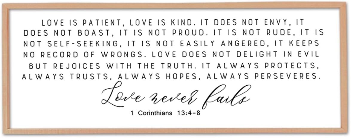 Love is Patient Kind Sign Wall Art 40"X15" 1 Corinthians 13 Bible Verse for Bedroom Above Over Bed Christianity Large Wood Framed Wall Hanging Decor (Wood)
