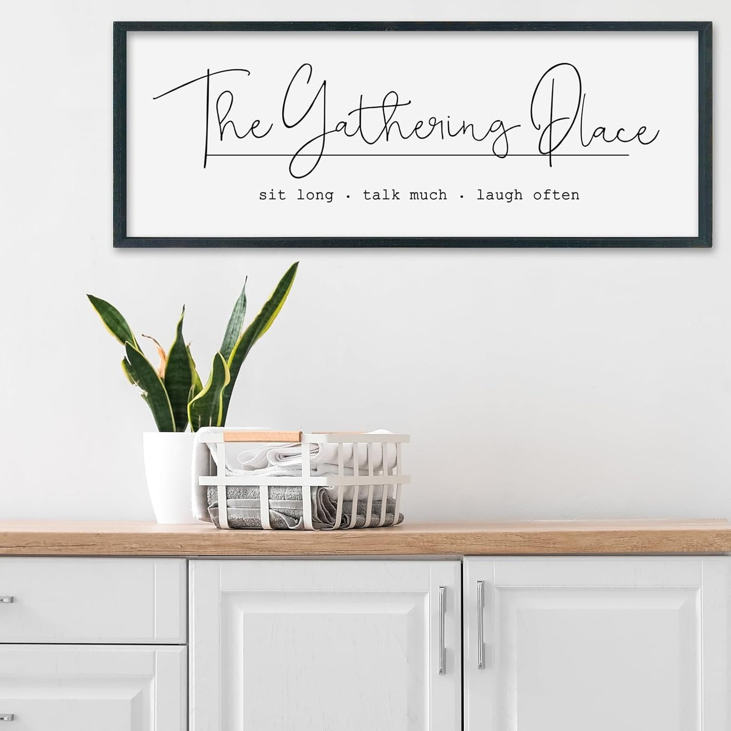SRSZHIYUE The Gathering Place Sign Wall Decor Art 32"×12" for Large Kitchen Dining Room Wood Framed Wall Hanging (Black)