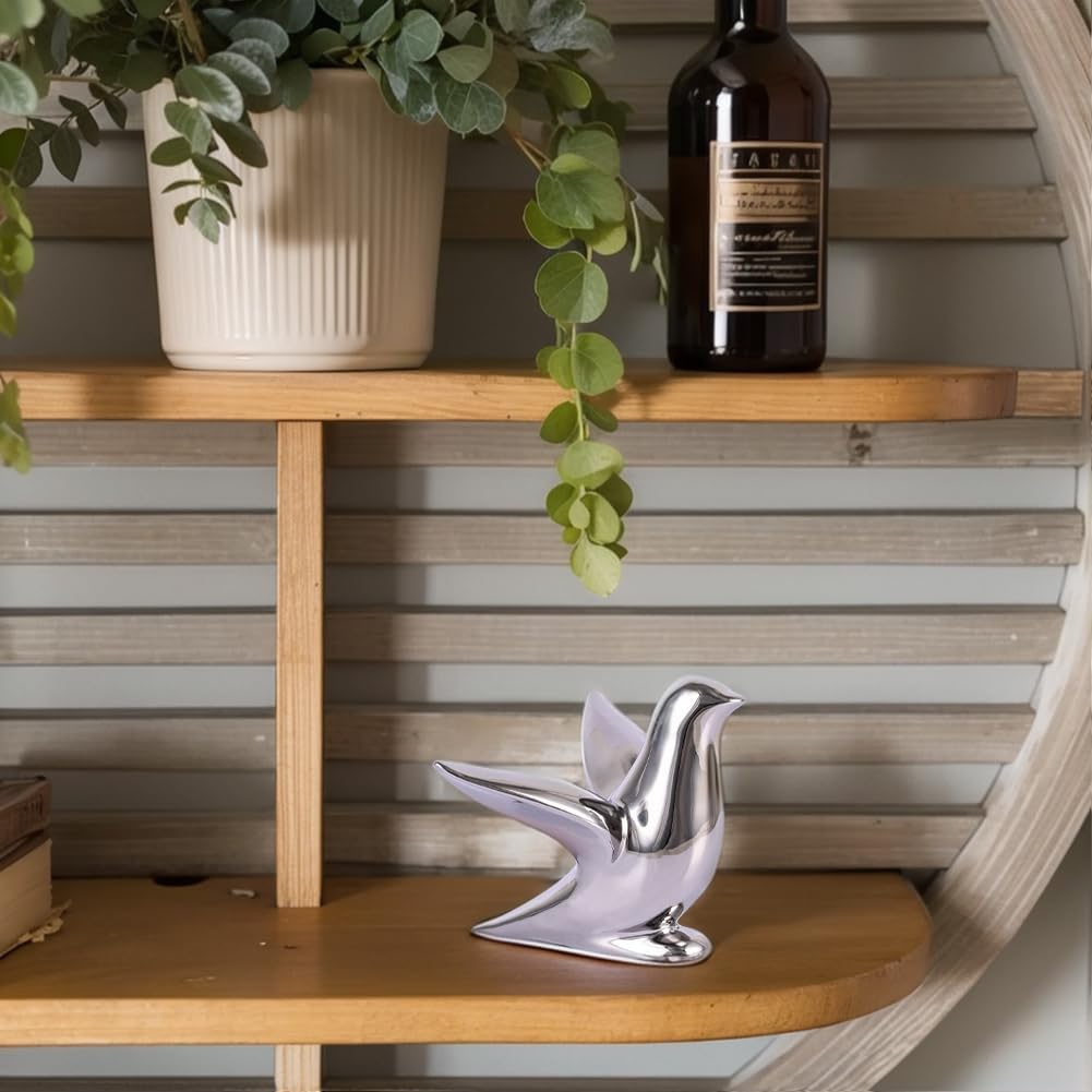 Silver Decor Accents – Modern Silver Ceramic Bird Figurine, 5.1in Decorative Bird Statue for Shelf, Table or Bathroom, Small Animal Sculpture Gift for Bird Lovers, Bird Room Decor
