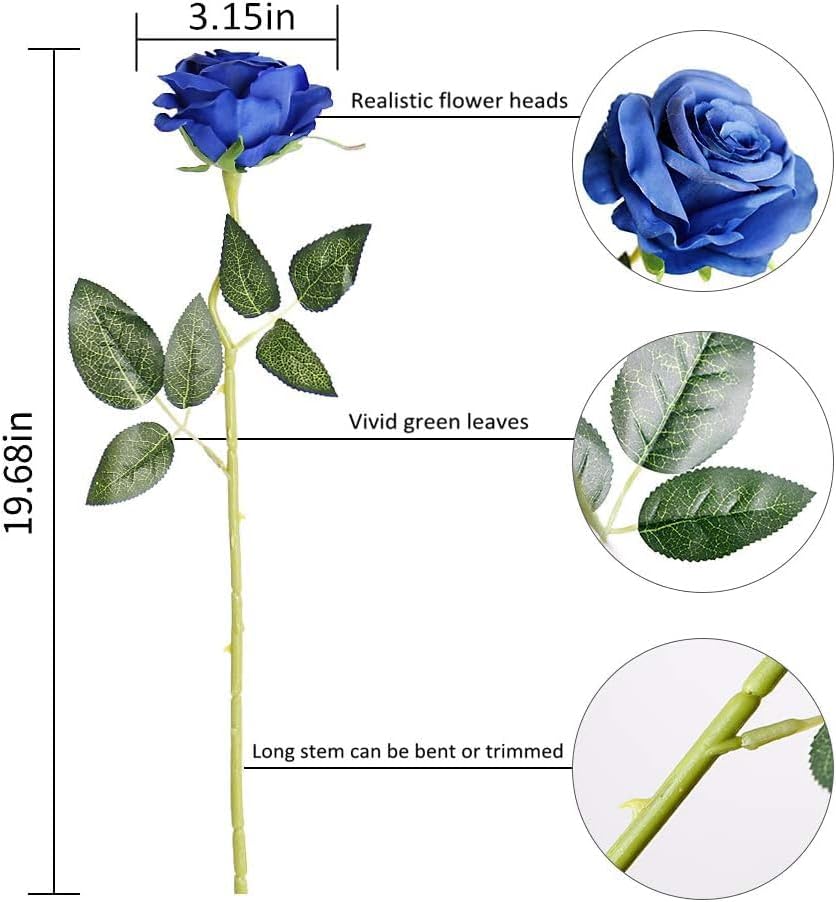 Blue Fake Roses Artificial Flowers - 10 Pcs Fake Artificial Roses Silk Flowers with Stems for Home Wedding Hotel Office Centerpiece Decor