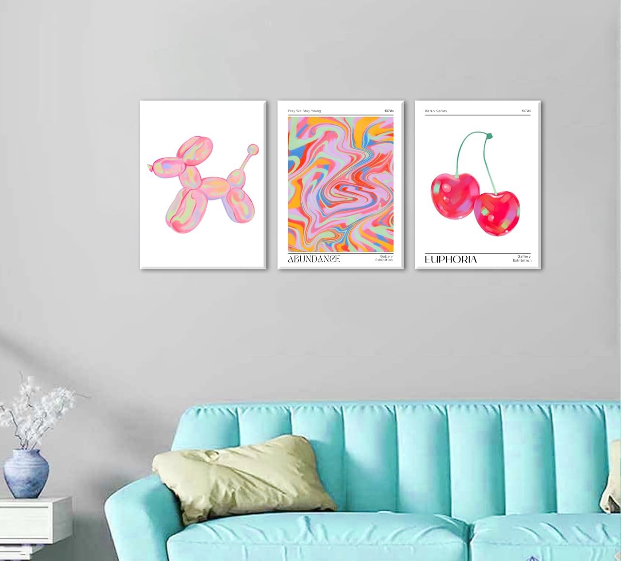 Framed Pink Preppy Wall Art Set of 3 Trendy Cute Balloon Dog Cherry Posters Abstract Aura Canvas Prints Modern Colorful Painting Retro Pop Art Decor Positive Picture for Living Room Bedroom 12x16in
