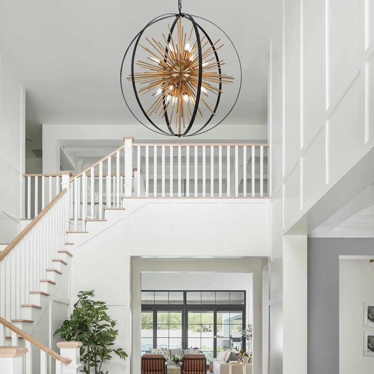 31.5" Black Gold 16-Light Globe Sputnik Chandelier Modern Industrial Adjustable Hanging Ceiling Firework Pendant Light Fixture for Entryway Foyer Stairway Bedroom Dining Living Room Hallway