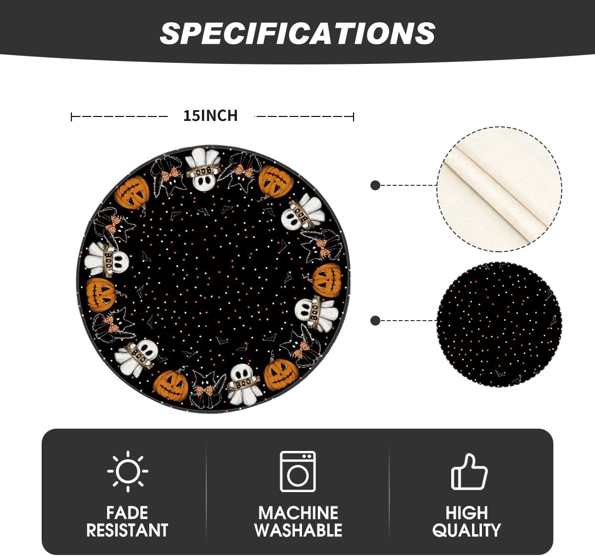 Artoid Mode Ghost Cat Halloween Round Placemats Set of 6, 14 Inch Table Mats for Party Kitchen Dining