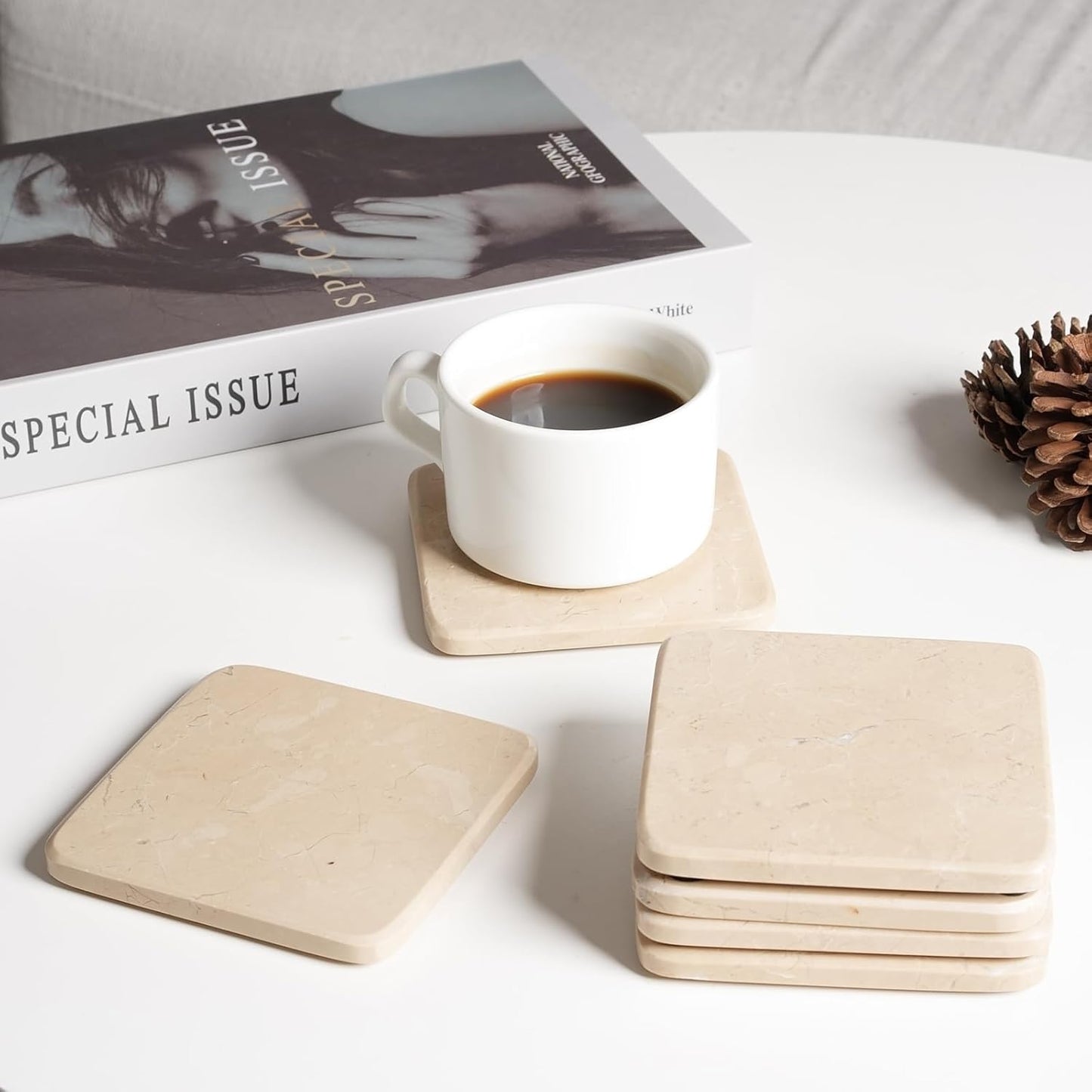 BCS Marble Coasters Set of 6 with Holder, Square Stone Drink Coasters for Coffee, Wine and Cocktails, Non-Slip Durable Cup Mats, Elegant Home, Bar & Kitchen Table Decor (Crema Beige)