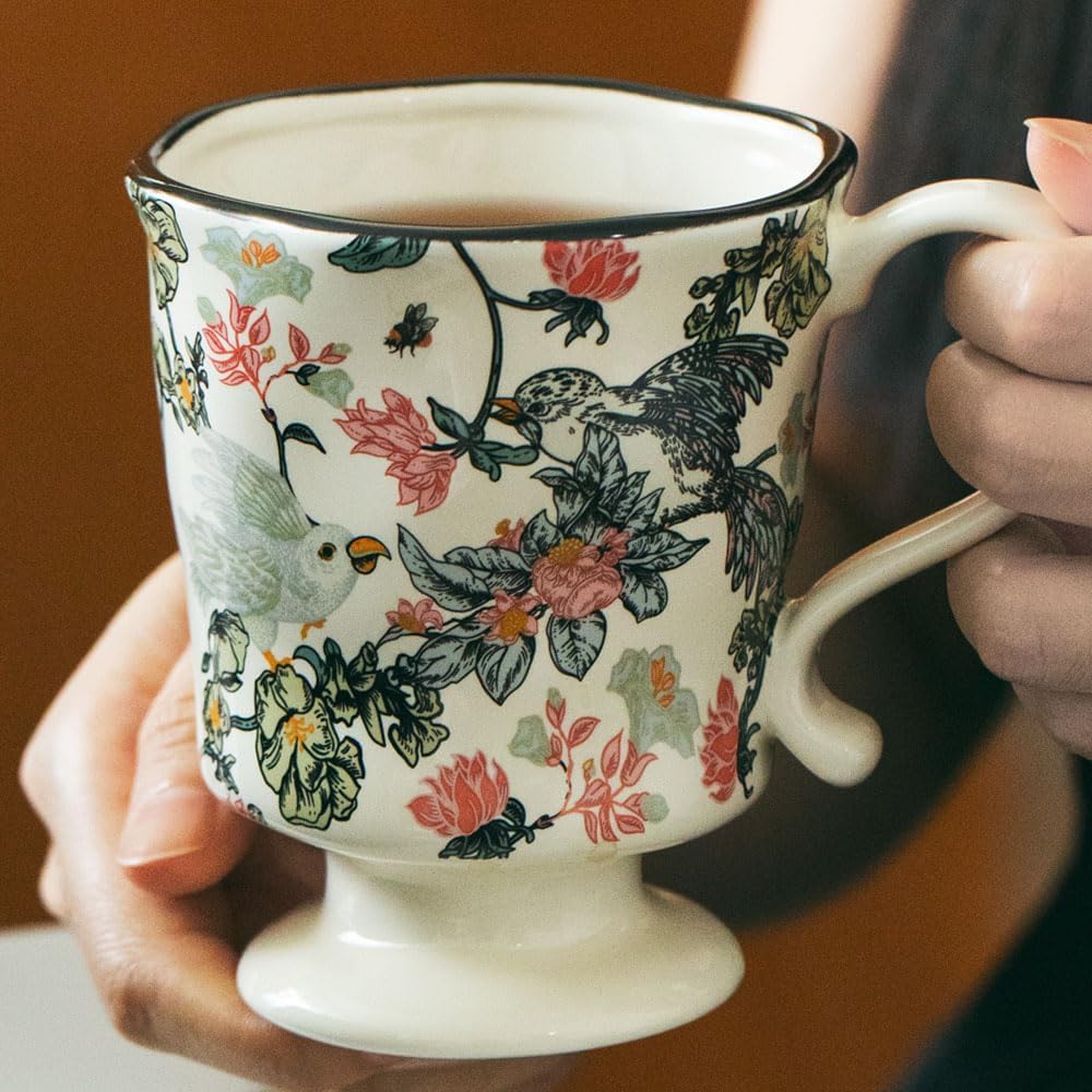 360ml -12.17oz Painted Floral & Bird Ceramic Mug - Cute Coffee Cup for Latte, Espresso - Gift for Women, Dishwasher Safe