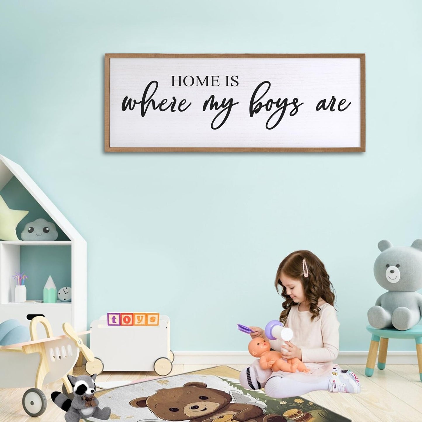 Home is Where My Boys are Sign Framed Wall Art, 40''×15'' Rustic Horizontal My Son Plaque with Natural Frame for Baby Kid Boy Son Teen Toddlers Room, Horizontal Mom of Boys Gifts Nursery Decor