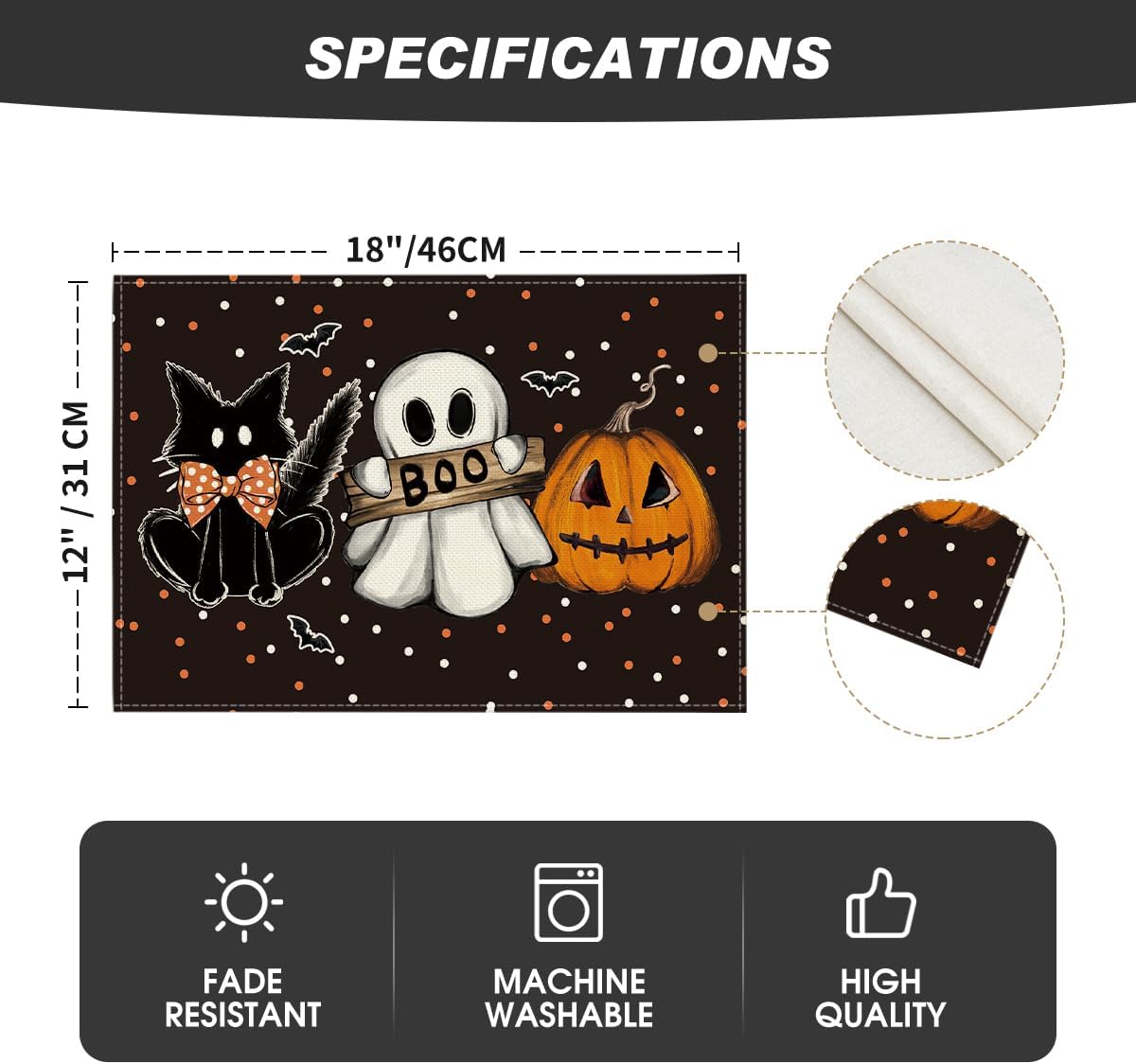 Artoid Mode Polka Dot Ghost Pumpkin Cat Boo Halloween Placemats Set of 2, 12x18 Inch Seasonal Fall Table Mats for Party Kitchen Dining Decoration