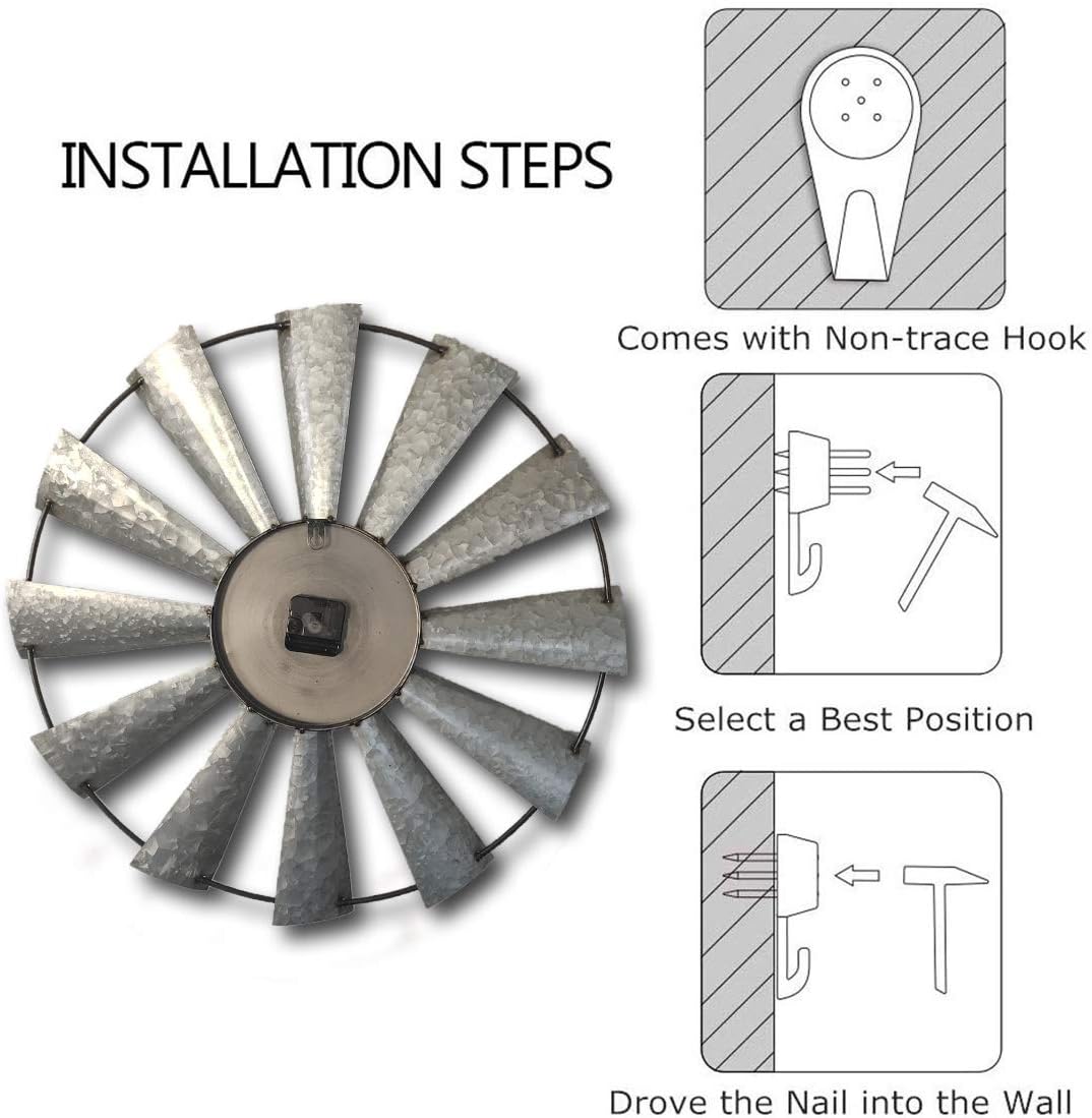 Mrocioa 24inch Windmill Distressed Metal Wall Clocks Rustic Large Decorative Clock Oversized Farmhouse Decor,Non Ticking,Battery Operated