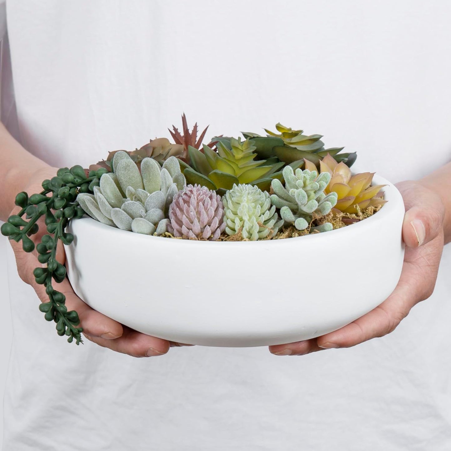 MyGift 8 Inch Round Modern Artificial Succulent Arrangement Potted in White Concrete Plant Bowl, Assorted Faux Mini Succulents in a Decorative Planter Pot