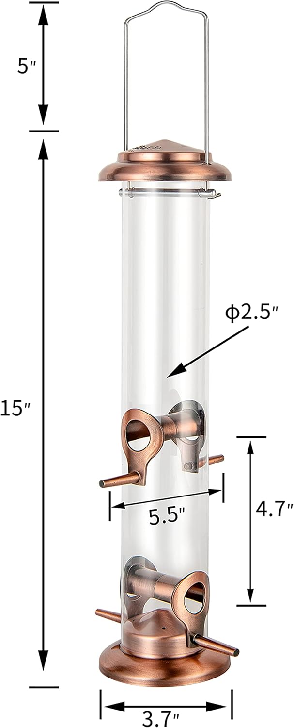 iBorn Metal Bird Feeders Metal Bird Feeder Copper for Outdoors Hanging All Metal Copper Finishing 14 Inch 4Port(Seed is not Included)