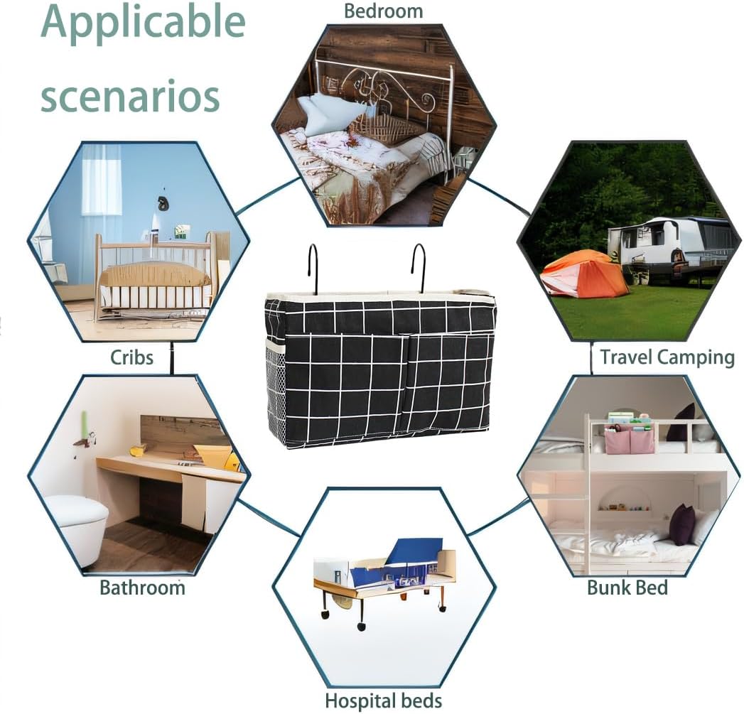 Bedside Caddy Bedside Hanging Storage Basket Multi-Function Organizer Caddy for Bunk and Hospital Beds Dorm Rooms Bed Rails, Can be Placed Glasses Books Mobile Phones(Black Grid)