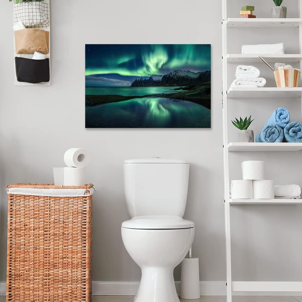 Aurora Borealis Wall Art Painting for Office Bedroom Scenery Landscape Canvas Print Framed Picture Northern Lights Poster Artwork Ready to Hang (24.00"x36.00")
