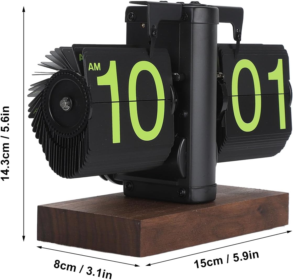 Flip Desk Clock, Retro Vintage Flip Desk Table Clock, Digital Sided Large Numbers Mechanical Flip Clock Wood Base for Living Room, Study Room and Office(Frosted Black)