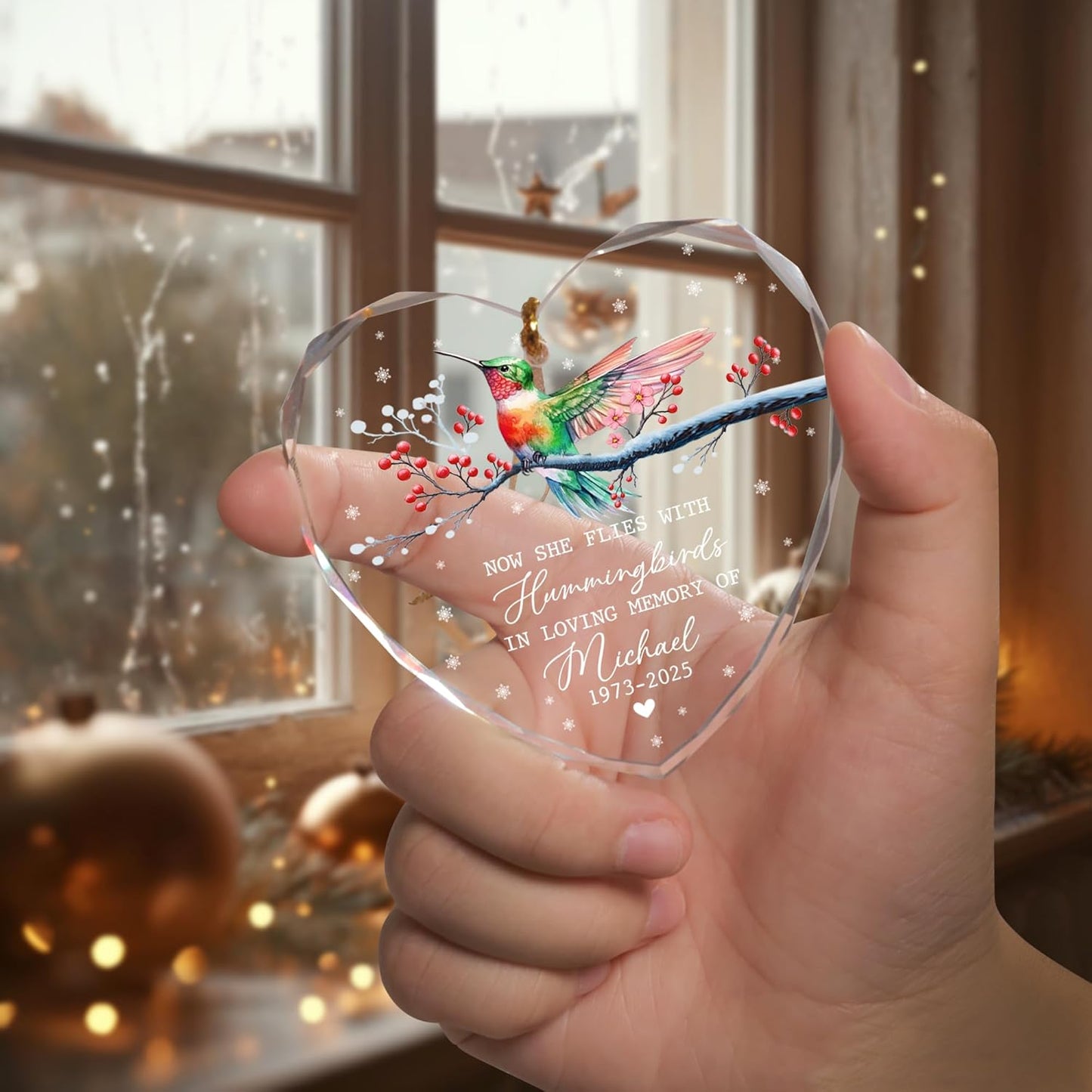 Personalized Memorial Hummingbird Glass Ornament – in Loving Memory of Grandpa – Custom Name, Birth Year & Passing Year – Memorial Christmas Keepsake for Loved One