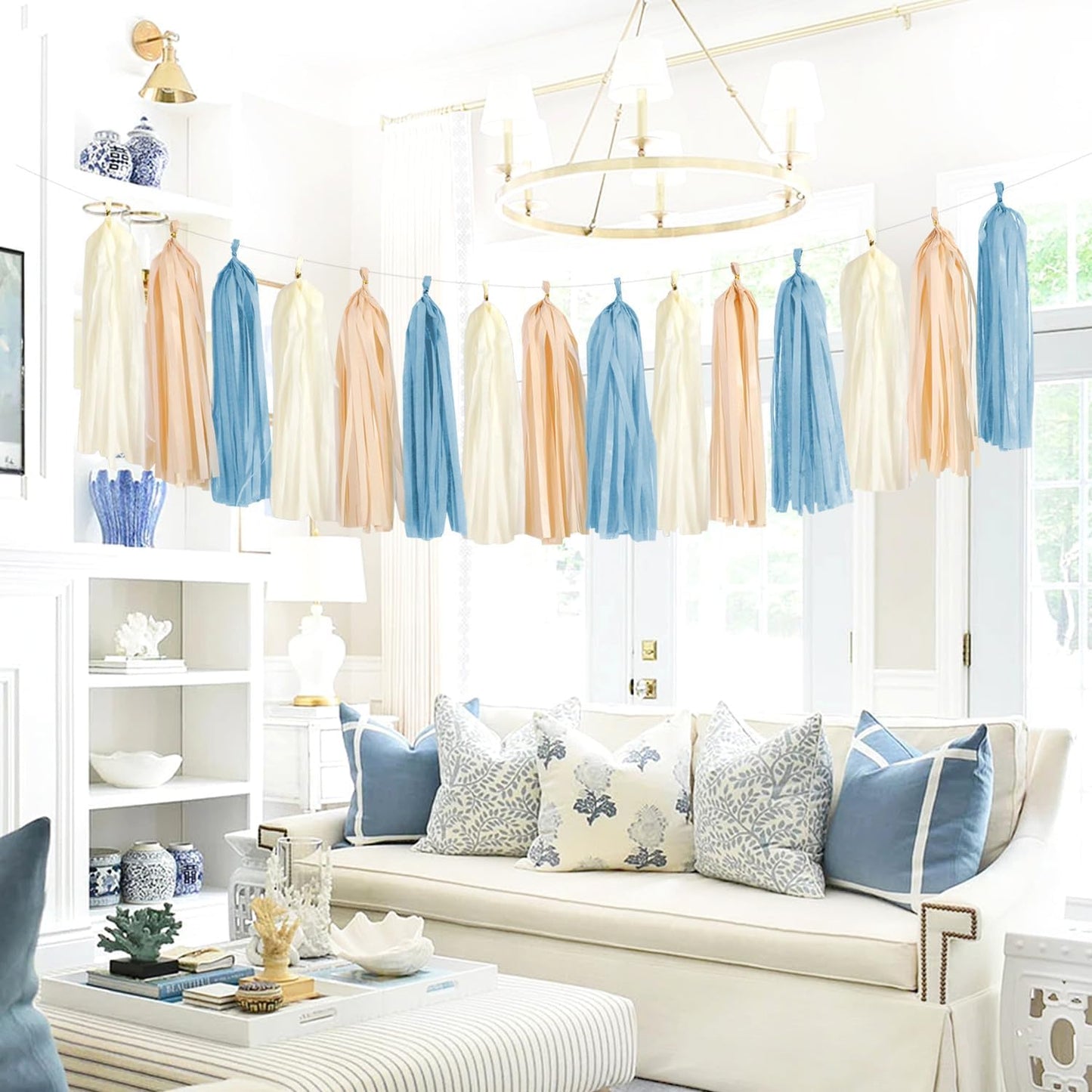 Dusty-Blue Baby-Shower Party-Decorations Tassel-Garland - 15pcs Neutral Boho Birthday Wedding Bridal Tassels, Beige Champagne Banner Streamers, Engagement Bachelorette Decor Panduola
