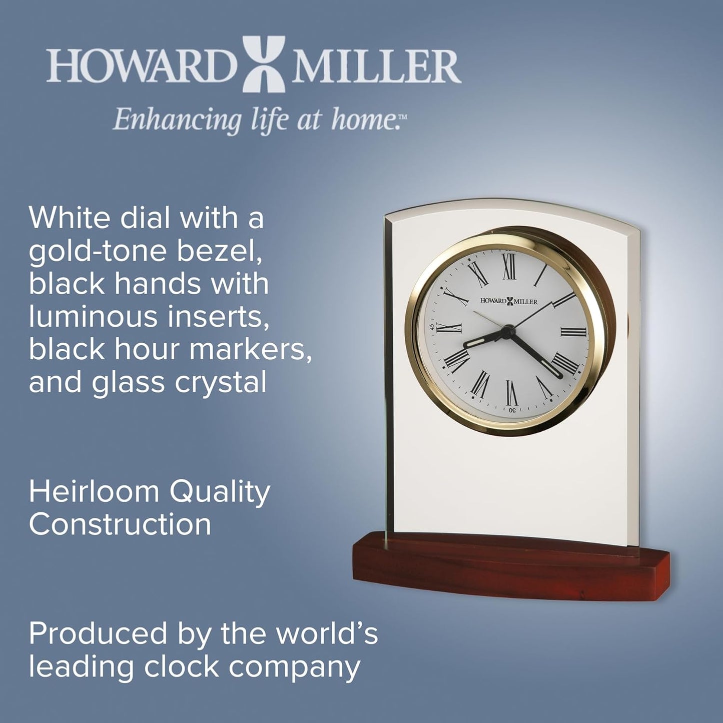 Howard Miller Marcus Tabletop Clock – Decorative Tabletop Clock with Modern Alarm & Quartz Movement, Silent Ticking, Wooden Base & Roman Numeral Design for Home, Office, Kitchen & Table Decor