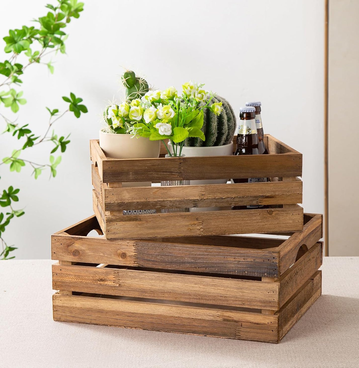 Set of 3 Nesting Wooden Crates, Rustic Wooden Storage Container Boxes with Cutout Handles, Decorative Farmhouse Wood Baskets for Display (Natural)