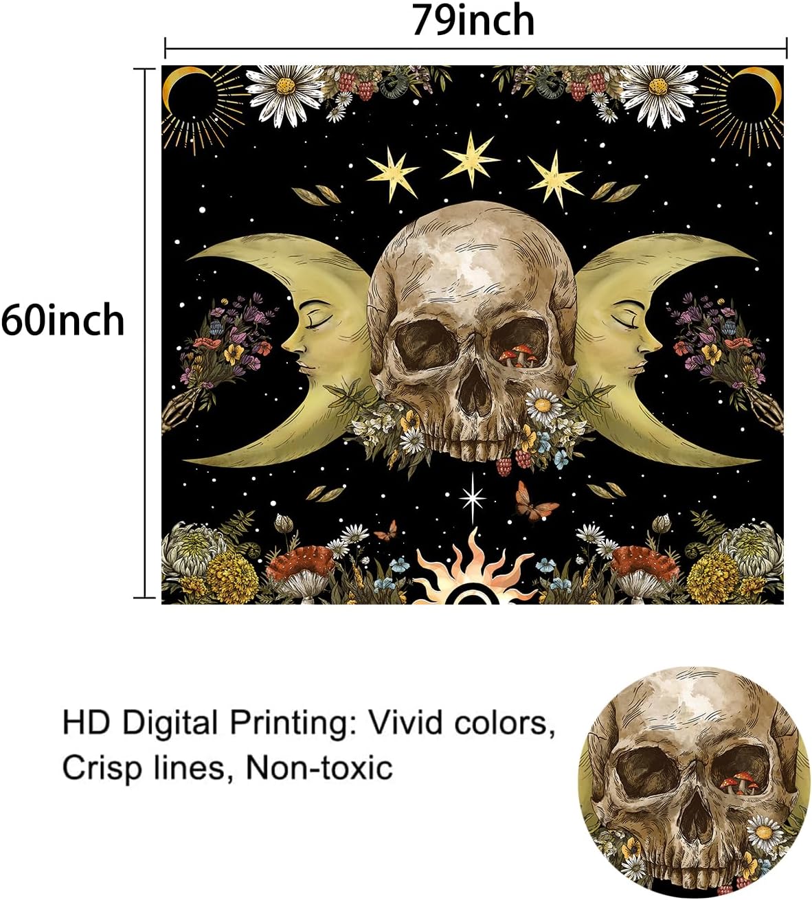 Atrippy Halloween Vintage Gothic Tapestry for Bedroom, Goth Skull Floral Wall Decor Tapestry, Sun and Moon Skeleton Flower Tapestries Aesthetic, Dark Room Decor Wall Hanging for Living Room Dorm 60x79 Inches