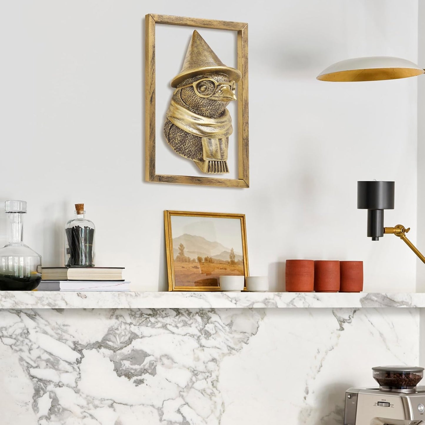 Animal Heads Wall Decor (Includes Metal Frame) Resin Animals Sculptures Head Wall Hanging Decoration Gold vintage Wall Sculpture for Living Room Bedroom Office (Penguin)