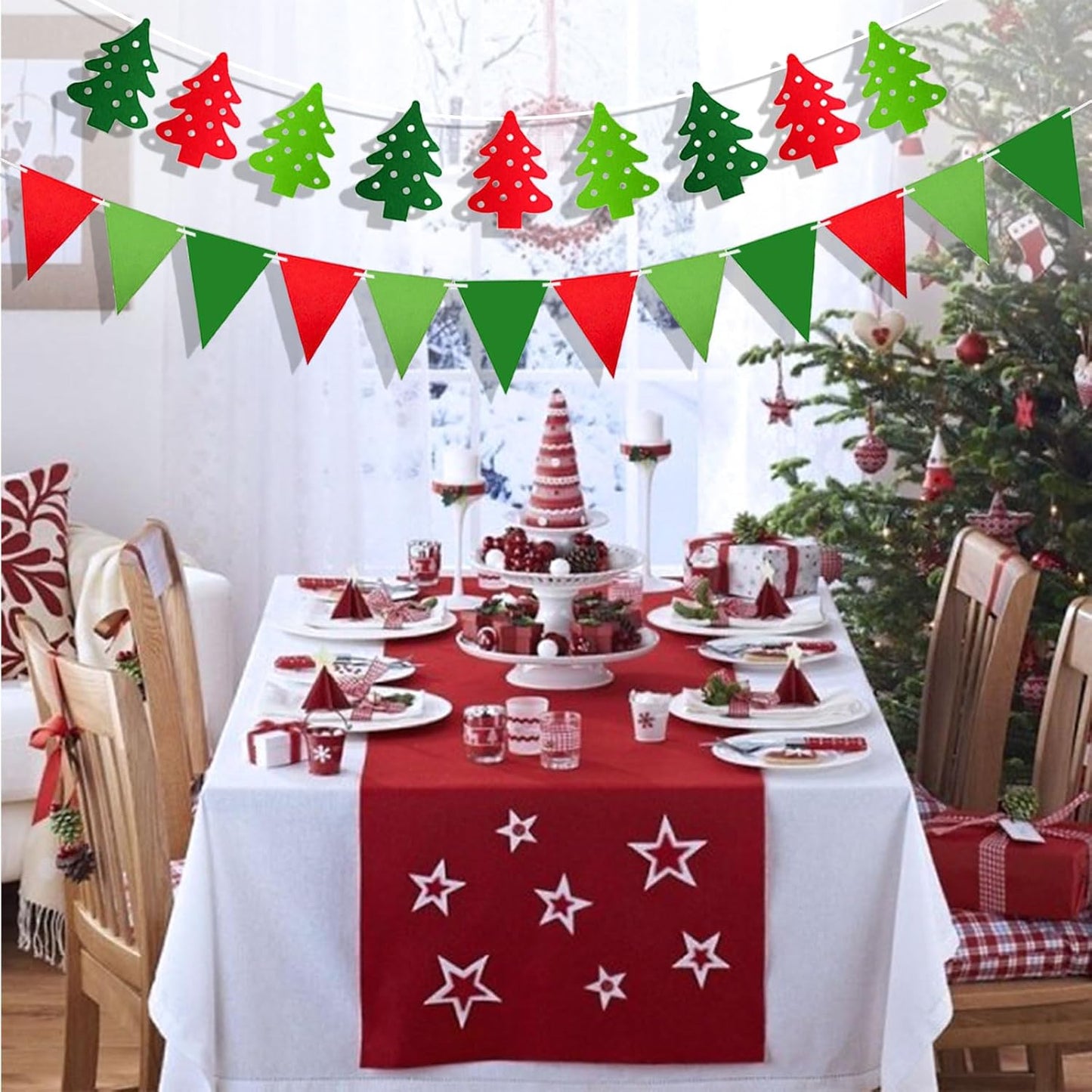 4 Pcs Christmas Tassel Garlands, 9.8 Feet Pom Pom Balls Garland Decor, Colorful Felt Fabric Pennant Banner, Boho Pastel Tassel Wall Door Hanging Decor for Xmas Party Classroom Home Ornament