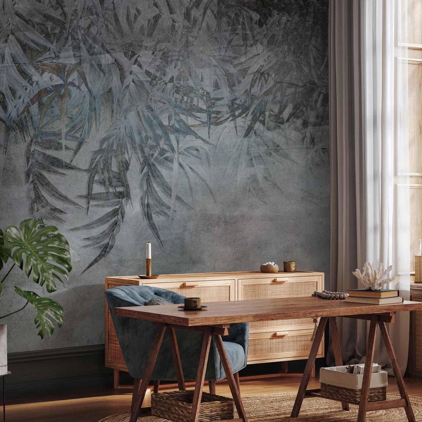 artgeist Wall Mural Leaves 135x101 in - XXL Peel and Stick Self-Adhesive Wallpaper Removable Large Sticker Foil Wall Decor Print Picture Image Design Palm Leaves Concrete Nature Grey b-C-10103-a-a