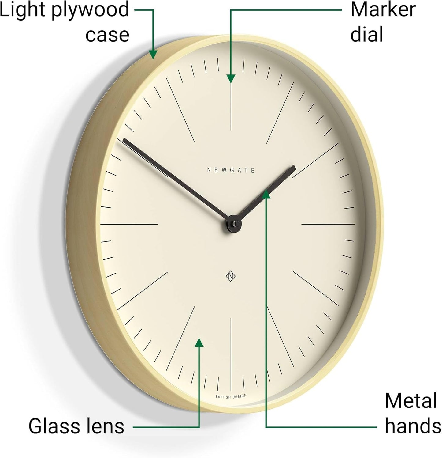 NEWGATE® Mr Clarke Wall Clock | Large Scandi Inspired Plywood Clock | 16 inch | Pale Wood case with Marker dial | Modern Minimalist Design for Kitchen, Living Room or Office