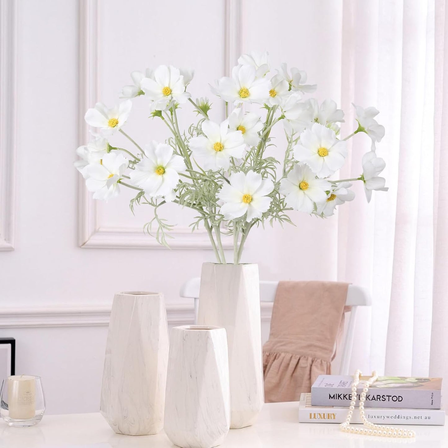 IPOPU White Daisy Flowers Artificial Cosmos 5PCS White Fake Wildflowers 24.5" Silk Flowers with Stems for Home Decor Indoor Artificial Daisies for Wedding Bouquets Floral Craft