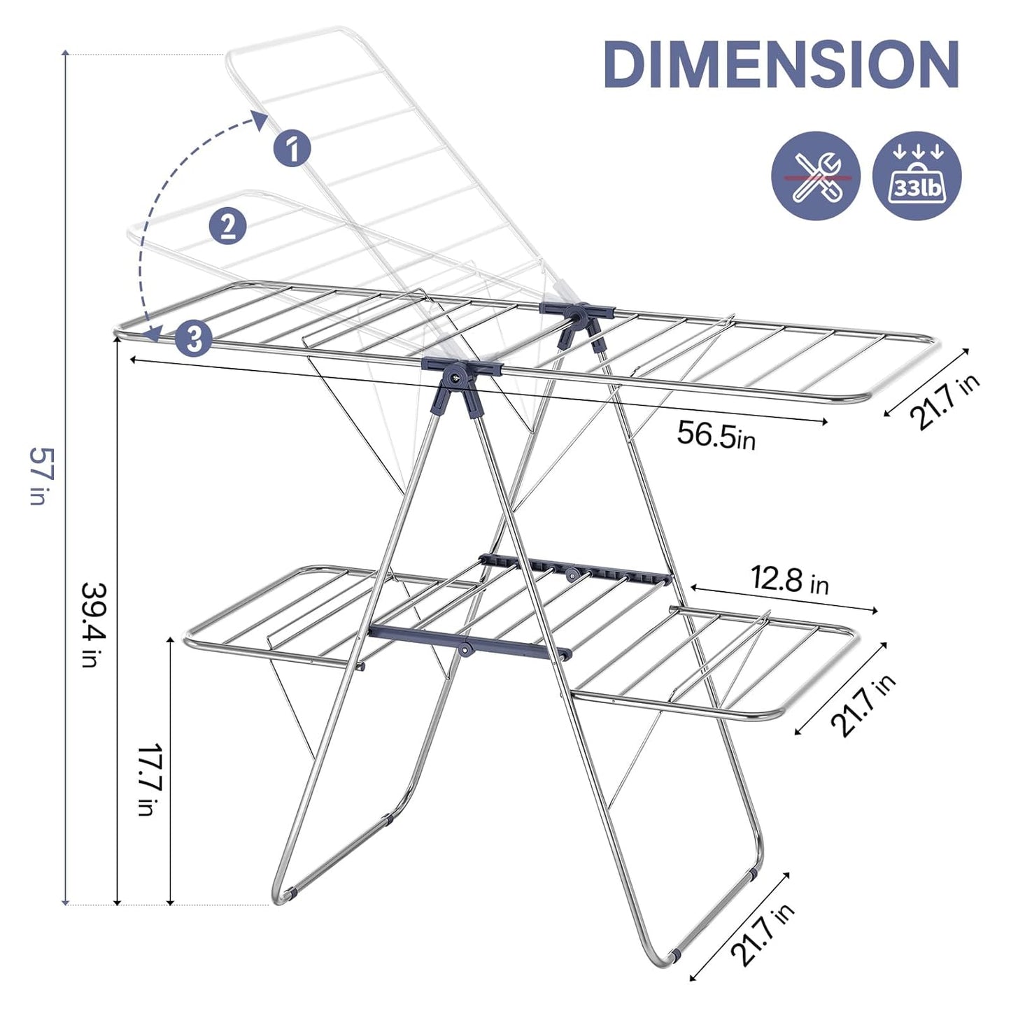 APEXCHASER Clothes Drying Rack with 4 Wings, Drying Rack Clothing with Height-Adjustable, Foldable Gullwings Laundry Drying Rack, Indoor Outdoor Use, No Assembly, Blue