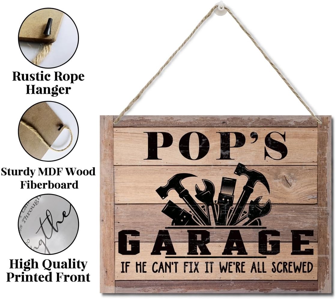 Rustic Sign, Father's Day Gift, Dad's Gift, Grandpa's Gift, Decor Hanging Wood Signs, Printed Wood Wall Art Sign, Pop's Garage, If He Can't Fix It We're All Screwed, Vintage Sign Gift for Grandpa