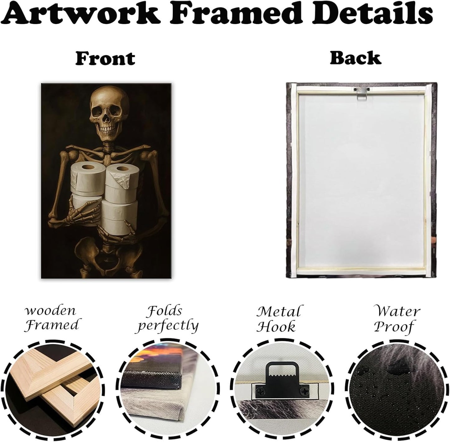 Gothic Skull Wall Art Funny Skeleton with Toilet Paper Canvas Print Vintage Skull Painting Framed Artwork for Living Room Home Halloween Wall Decor(Artwork-8,28"x42")