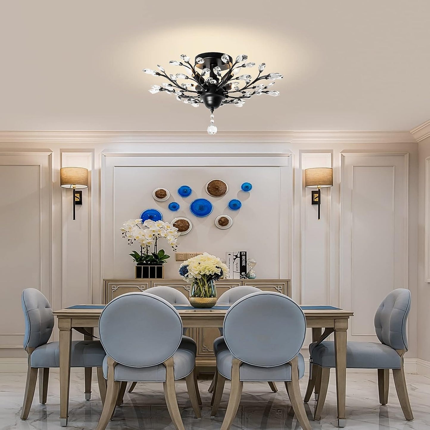 Ganeed Crystal Chandeliers,Vintage K9 Clear LED Ceiling Lighting,Edison Pendant Light Flush Mounted Fixture with 4 Light for Living Room Dinning Room Restaurant Porch Hallway (Black)