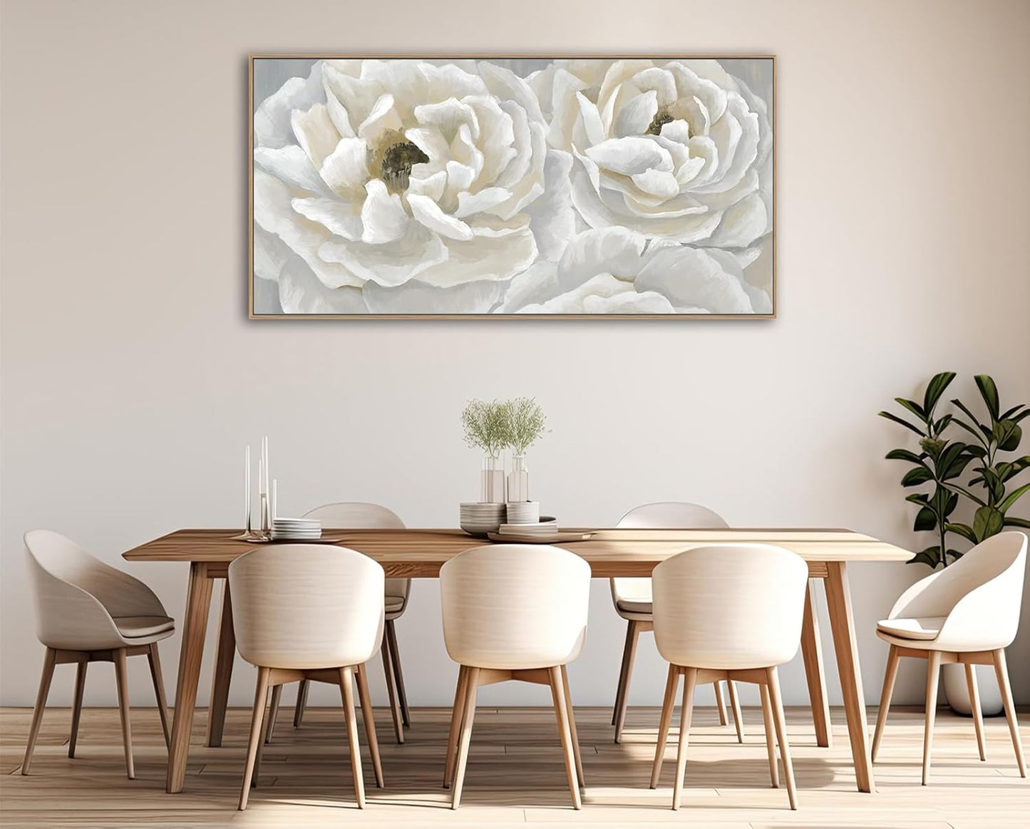 arteWOODS Cream White Flowers Framed Wall Art - Soft Peony Pictures for Wall Decor Elegant Blossom Flower Painting Artwork Botanical Prints for Living Room Home Office Wall Decoration 29" x 58"