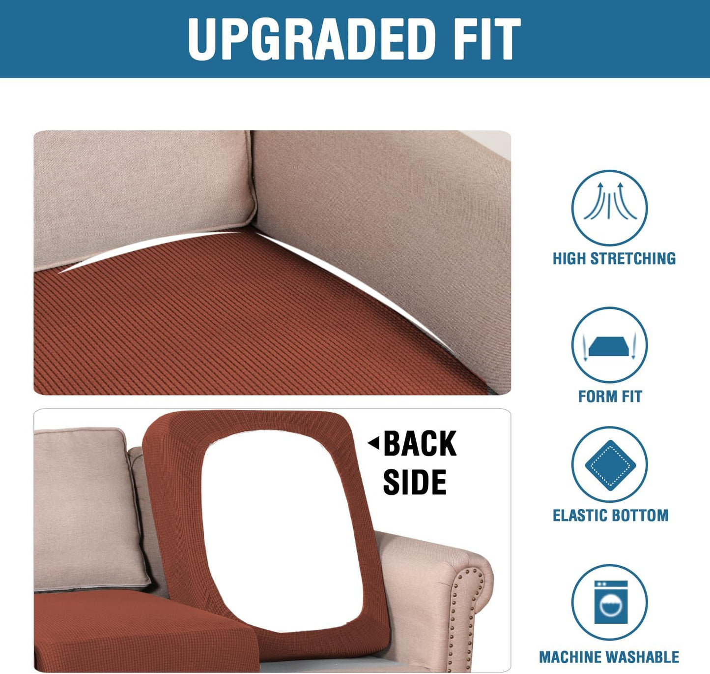 H.VERSAILTEX Super Stretch Individual Seat Cushion Covers Sofa Covers Couch Cushion Covers Slipcover Sets Thick Jacquard Textured Twill Fabric (2 Piece Medium Sofa Cushion Covers, Rust)