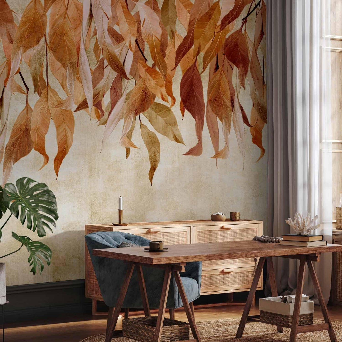 artgeist Premium Wall Mural Hanging Leaves 79x55 in - Non-Woven Wallpaper Fleece Wall Decor Photo Print Picture Image Design Nature Botanical Concrete Orange Beige b-C-10146-a-c