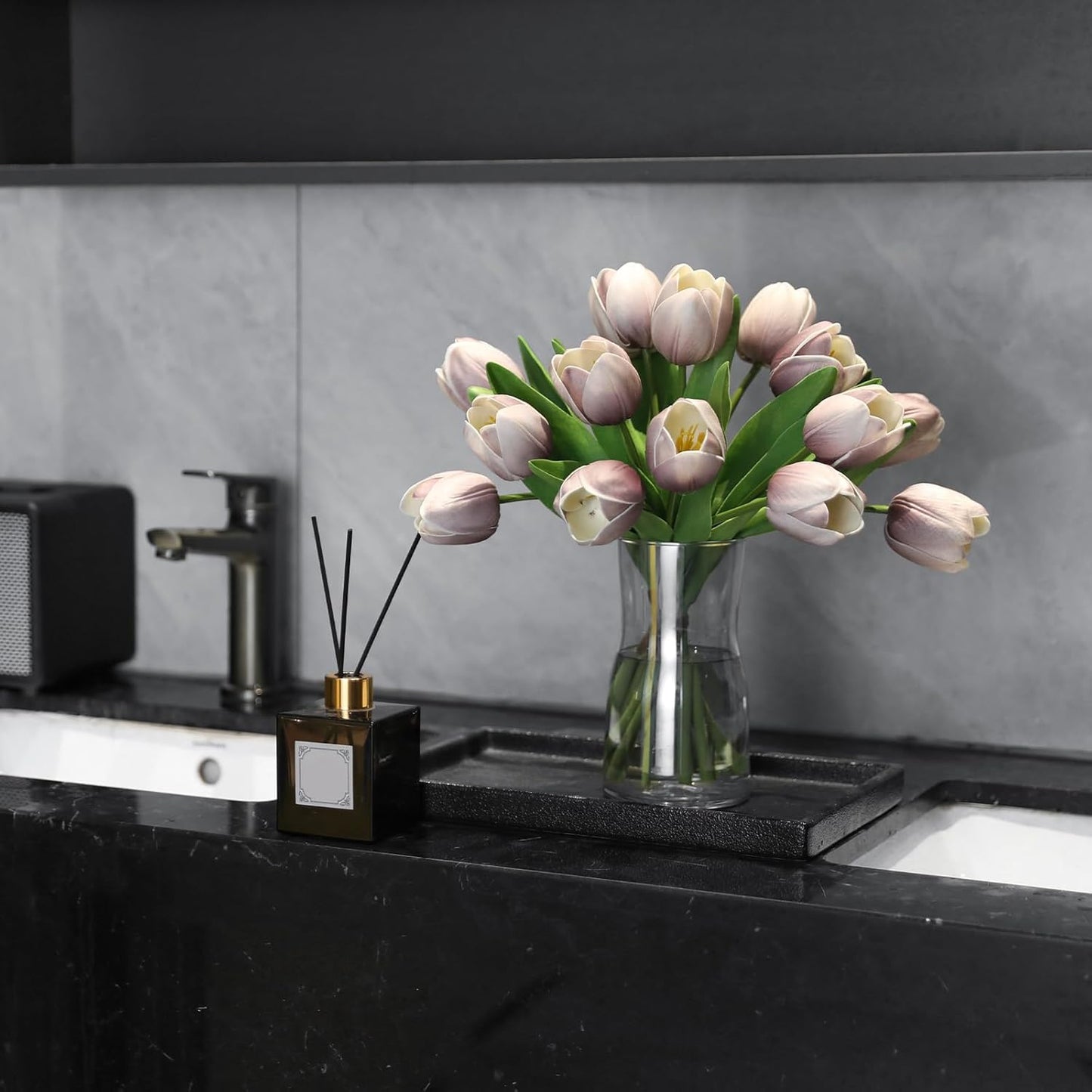 Light Purple Artificial Tulips, 2 Bundles 14Pcs, Fake Tulips Artificial Flowers, 2 x 2.4 Inch Large Flower Head Big Tulip, Easter Valentine's Day Mother's Day Home Decoration Flowers