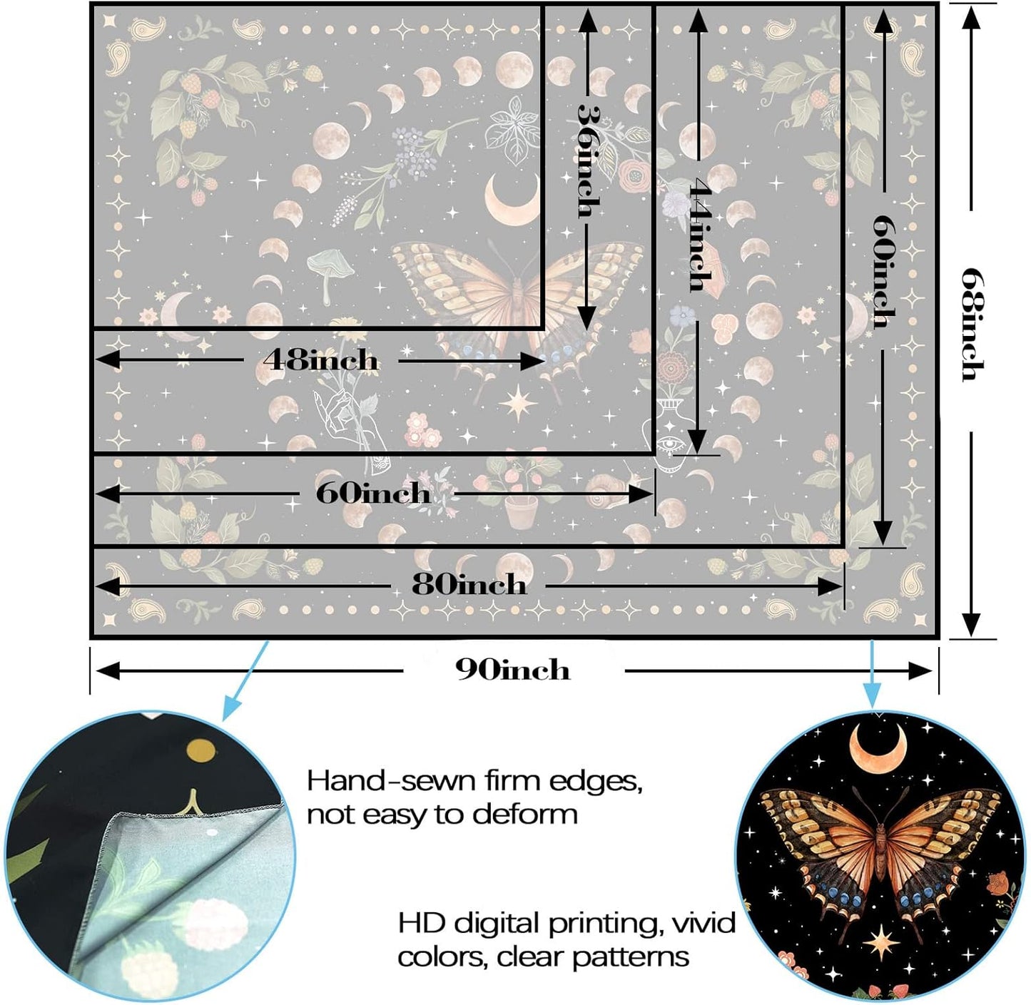 Aipon Yellow Butterfly Moon Flower Tapestry Botanical Floral Plant Boho Tapestry for Bedroom Aesthetic Vintage Tapestries Wall Hanging for Living Room Dorm (68.00'' × 90.00'', Yellow)