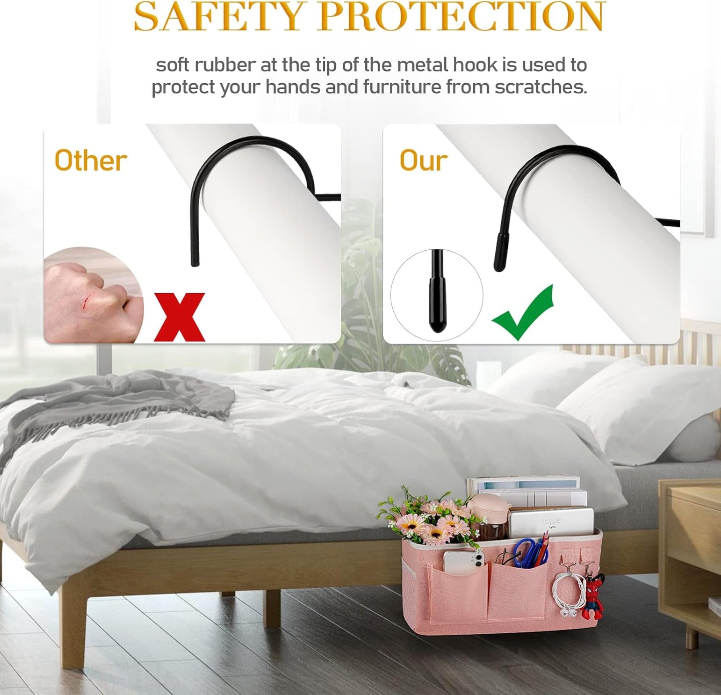 Bedside Storage Caddy/Bedside Hanging Storage Bag for Headboards Bunk Beds Dorm Rooms Book Phone Magazine Holder (Light Pink)