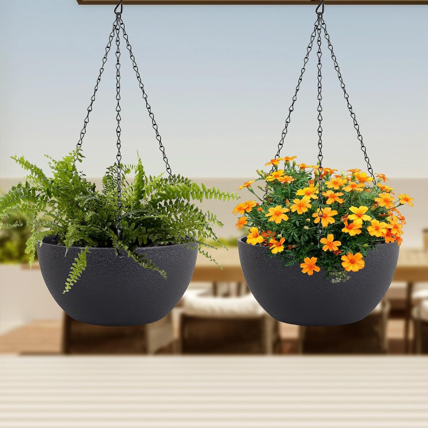 10 inch Hanging Planters for Indoor Outdoor Plants, 2 Pack Hanging Flower Pots with Drainage Holes and Chain for Garden Porch Plants, Round Plastic Hanging Baskets for House Plants, Black