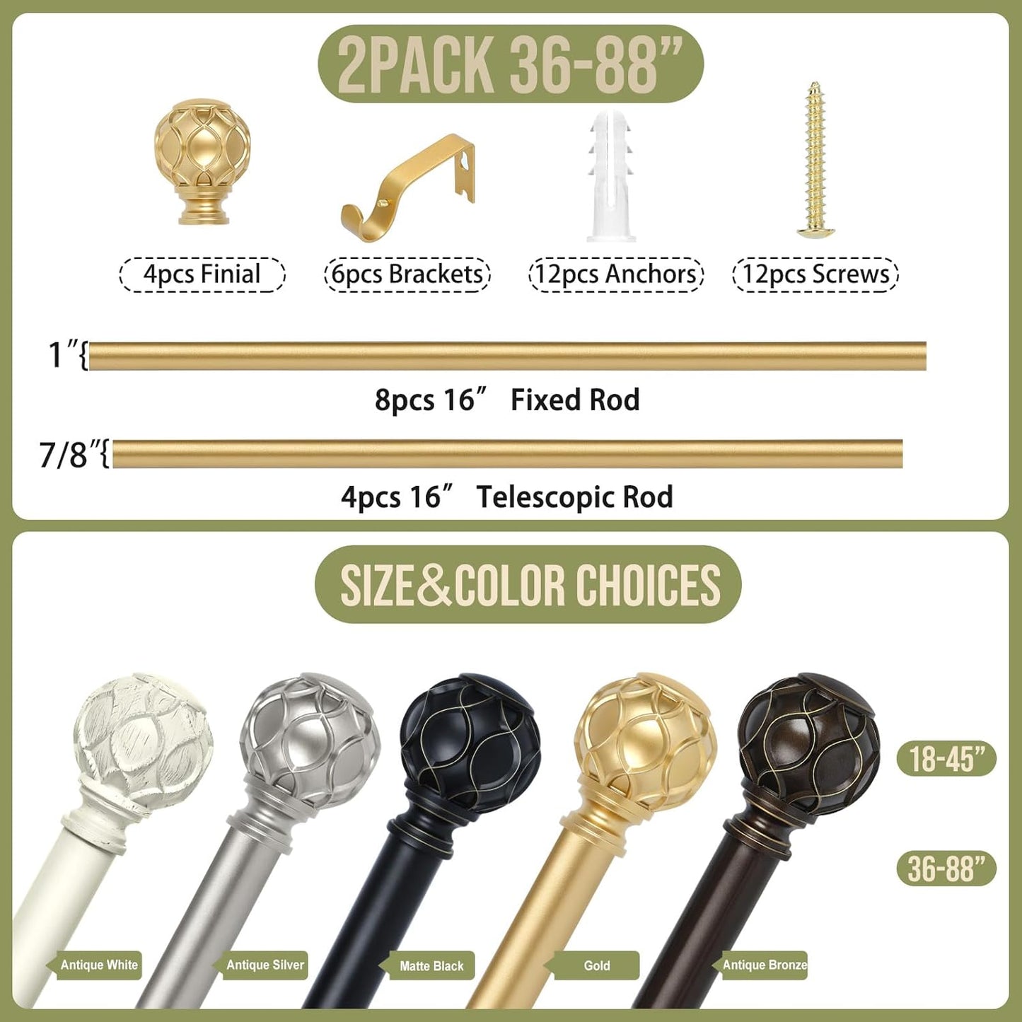 Gold Adjustable Curtain Rods for Windows:Farmhouse Heavy Duty Curtain Rod for Bedroom Living Room,Boho Decorative Rustic Drapery Rod with Vintage Coastal Texture Finial,Brass Gold 2Pack 36-88"