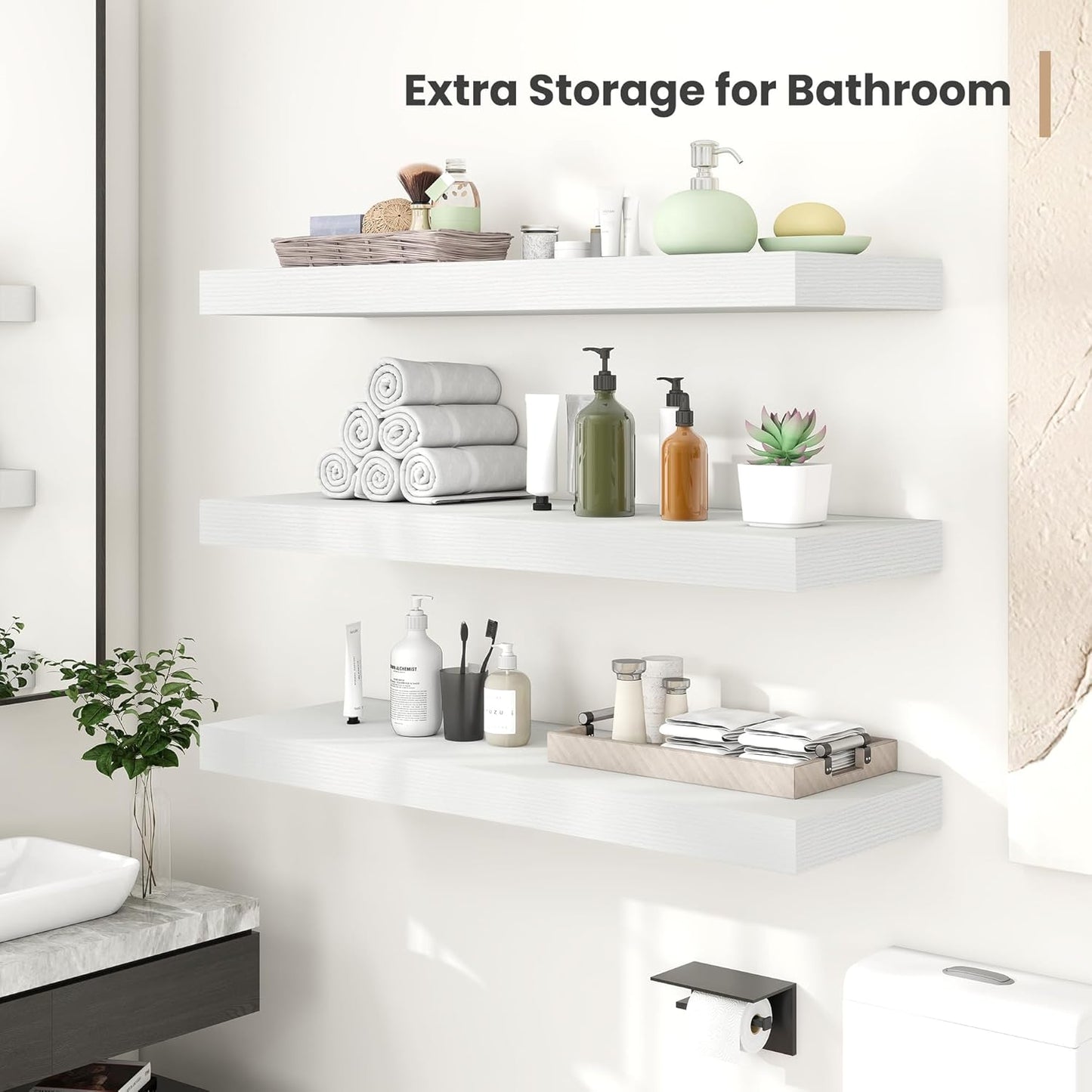 Heimlove 12" Deep Floating Shelves, 36 x 12 Inch Wall Mounted Long Floating Shelf with Invisible Brackets, for Home Decor, Bedroom, Kitchen, Living Room, Bathroom - 2 Pack, White