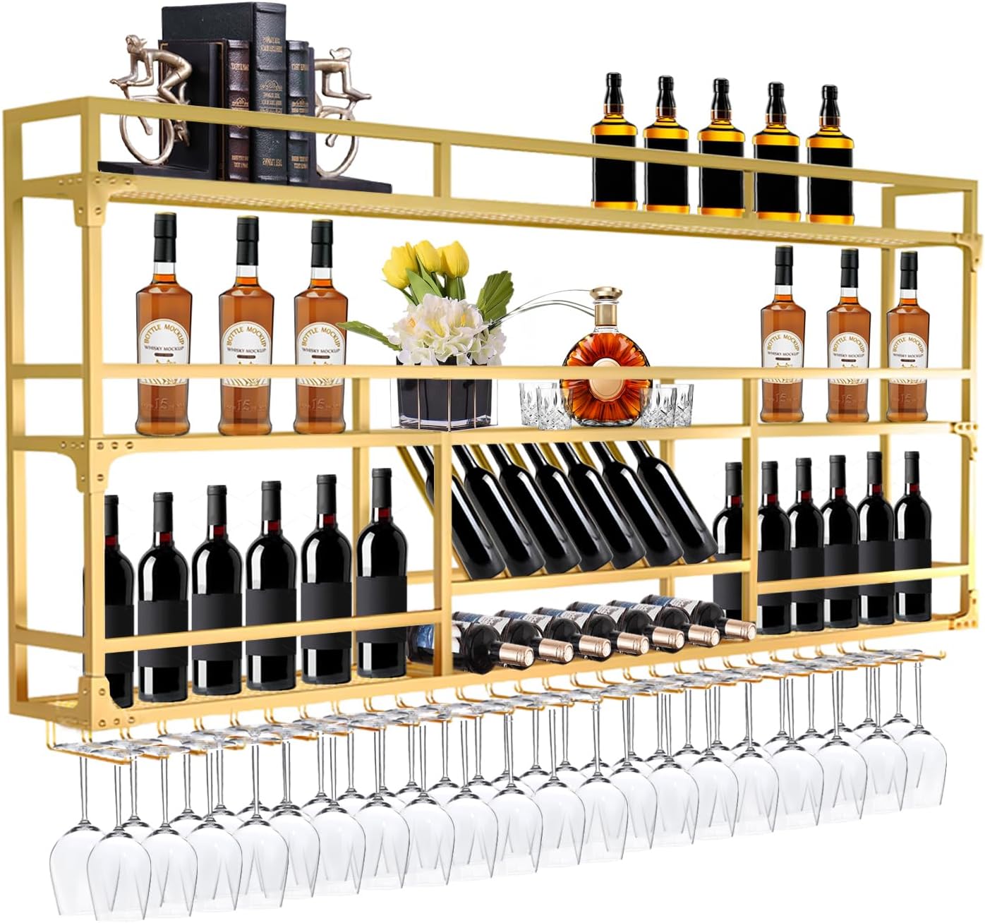 47.2in Wall Mounted Wine Rack, Wine Rack Wall Mounted With Wine Glass Rack, Metal Bar Bottle Display Shelf Wine Cups Hanging Holder, For Home Bar Cafe Dining Room Decoration (GOLD, 47.2*10*35.5inch)