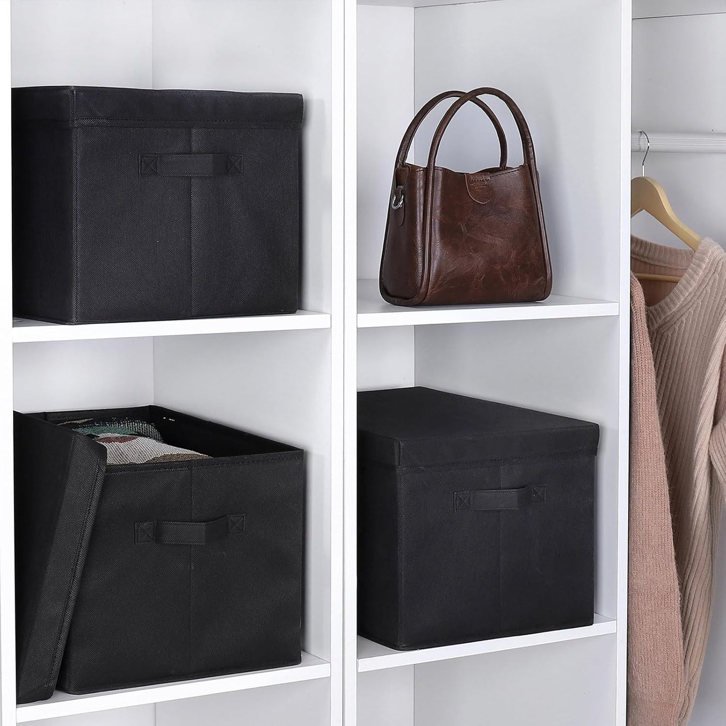 WUIKE Closet Storage Bins with Lids, Foldable Fabric Clothes Storage Bins for Organizing, Closet Organizer Boxes for Shelves, Black, Extra Large, 3-Pack