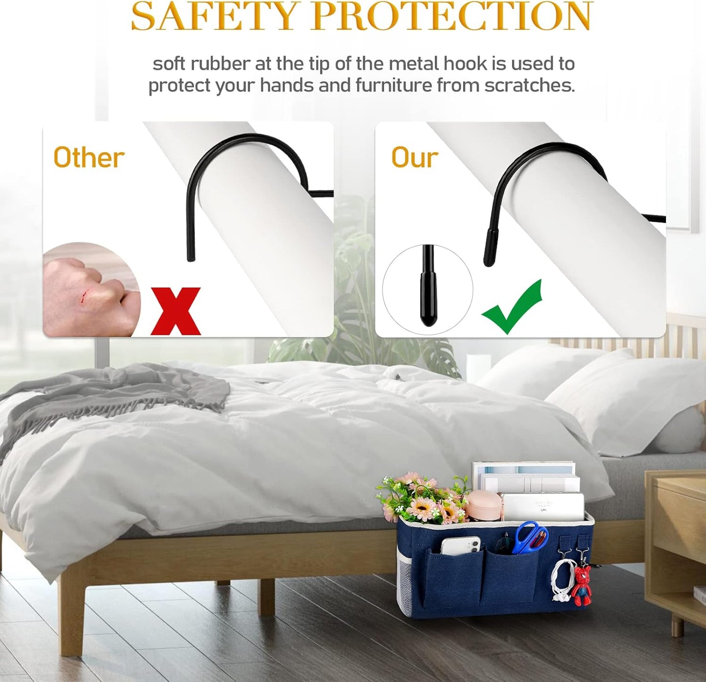 Bedside Storage Caddy/Bedside Hanging Storage Bag for Headboards Bunk Beds Dorm Rooms Book Phone Magazine Holder (Navy Blue)