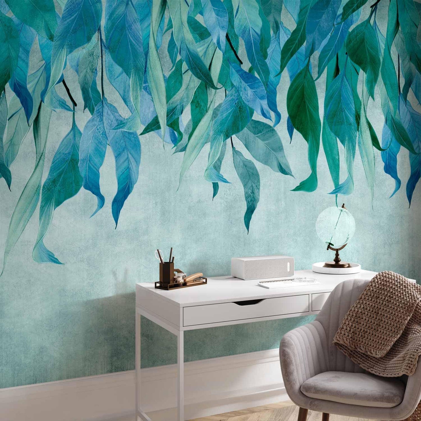 artgeist Wall Mural Hanging Leaves 77x55 in - Peel and Stick Self-Adhesive Wallpaper Removable Large Sticker Foil Wall Decor Print Picture Image Design Nature Botanical Concrete Green b-C-10146-a-b